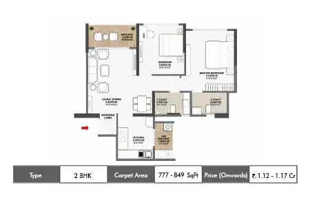 2 BHK floor plan — 777 – 849 sq.ft carpet area