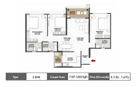 3 BHK floor plan — 1,107 – 1,203 sq.ft carpet area