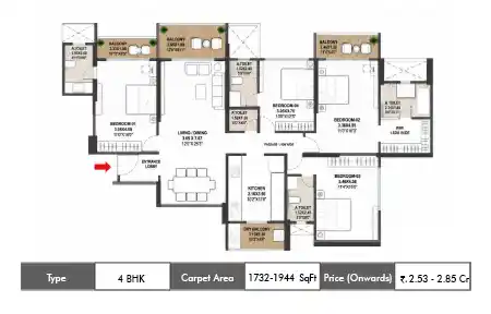 4 BHK floor plan — 1,732 – 1,944 sq.ft carpet area