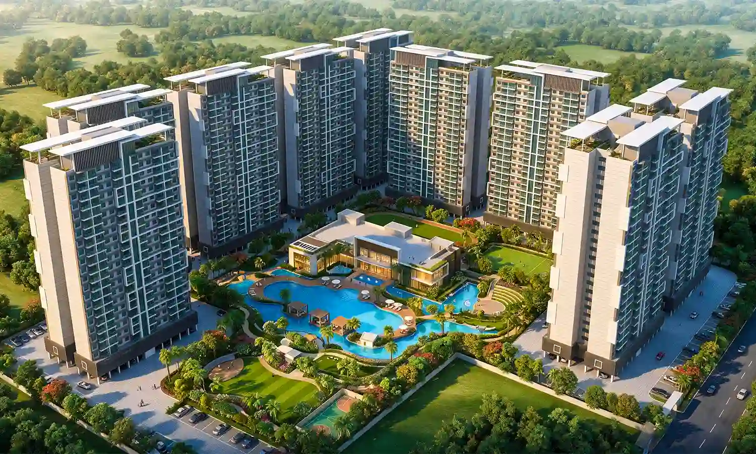 Aerial view of the towers around the central clubhouse and pool