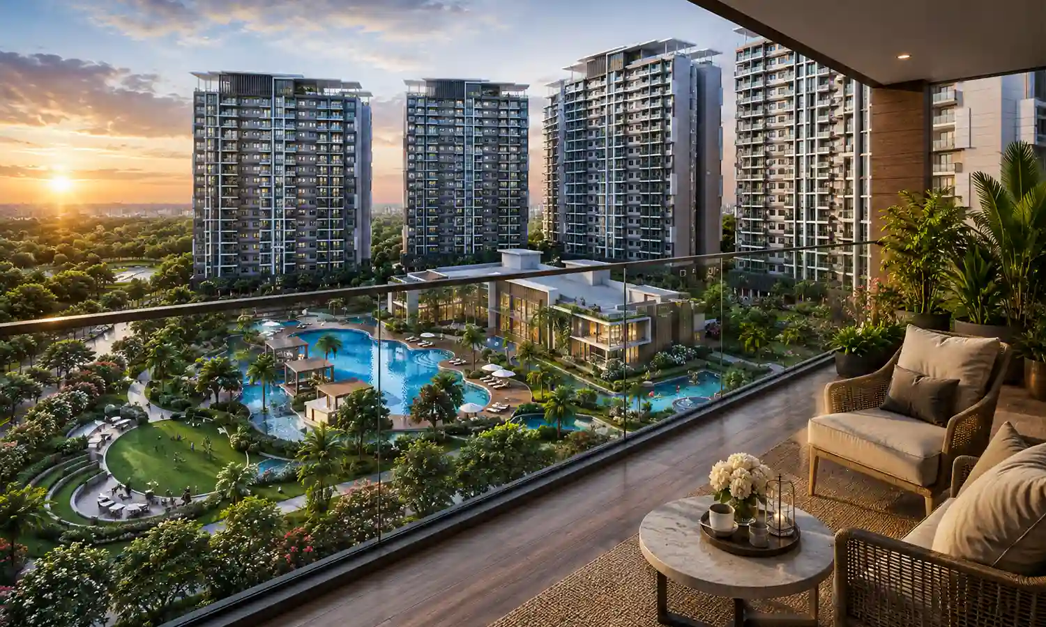 View across the landscaped podium from a residence balcony at sunset